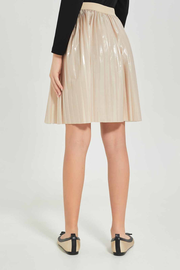 Redtag-Girls-Beige-Pleated-Pu-Skirts-Category:Skirts,-Colour:Beige,-Deals:New-In,-Dept:Girls,-Filter:Senior-Girls-(8-to-14-Yrs),-GSR-Skirts,-New-In-GSR-APL,-Non-Sale,-S23A,-Section:Girls-(0-to-14Yrs)-Senior-Girls-9 to 14 Years