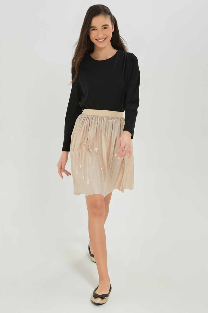 Redtag-Girls-Beige-Pleated-Pu-Skirts-Category:Skirts,-Colour:Beige,-Deals:New-In,-Dept:Girls,-Filter:Senior-Girls-(8-to-14-Yrs),-GSR-Skirts,-New-In-GSR-APL,-Non-Sale,-S23A,-Section:Girls-(0-to-14Yrs)-Senior-Girls-9 to 14 Years