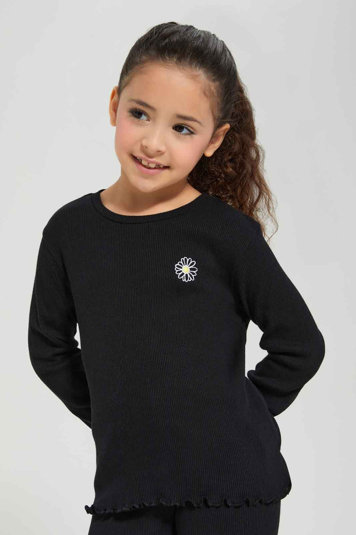 Redtag-Girls-Black-Rib-Tee-Category:T-Shirts,-Colour:Black,-Deals:New-In,-Dept:Girls,-Filter:Girls-(2-to-8-Yrs),-GIR-T-Shirts,-New-In-GIR-APL,-Non-Sale,-S23A,-Section:Girls-(0-to-14Yrs),-TBL-Girls-2 to 8 Years