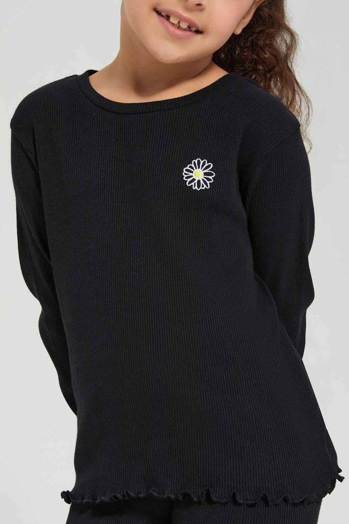 Redtag-Girls-Black-Rib-Tee-Category:T-Shirts,-Colour:Black,-Deals:New-In,-Dept:Girls,-Filter:Girls-(2-to-8-Yrs),-GIR-T-Shirts,-New-In-GIR-APL,-Non-Sale,-S23A,-Section:Girls-(0-to-14Yrs),-TBL-Girls-2 to 8 Years