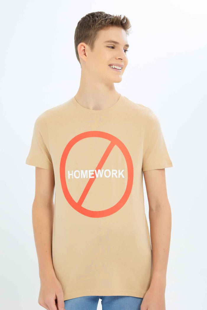Redtag-Boys-Beige-Homework-Graphic-Tee-BSR-T-Shirts,-Category:T-Shirts,-Colour:Beige,-Deals:New-In,-Dept:Boys,-Filter:Senior-Boys-(8-to-14-Yrs),-New-In-BSR-APL,-Non-Sale,-S23B,-Section:Boys-(0-to-14Yrs),-TBL-Senior-Boys-9 to 14 Years