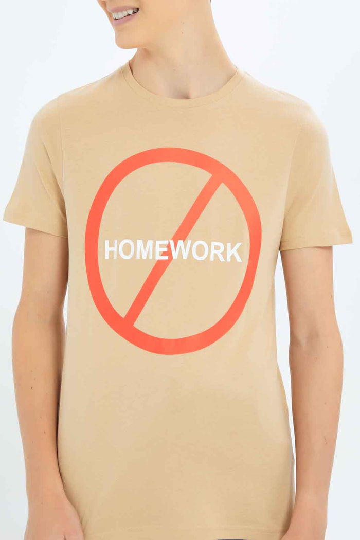 Redtag-Boys-Beige-Homework-Graphic-Tee-BSR-T-Shirts,-Category:T-Shirts,-Colour:Beige,-Deals:New-In,-Dept:Boys,-Filter:Senior-Boys-(8-to-14-Yrs),-New-In-BSR-APL,-Non-Sale,-S23B,-Section:Boys-(0-to-14Yrs),-TBL-Senior-Boys-9 to 14 Years
