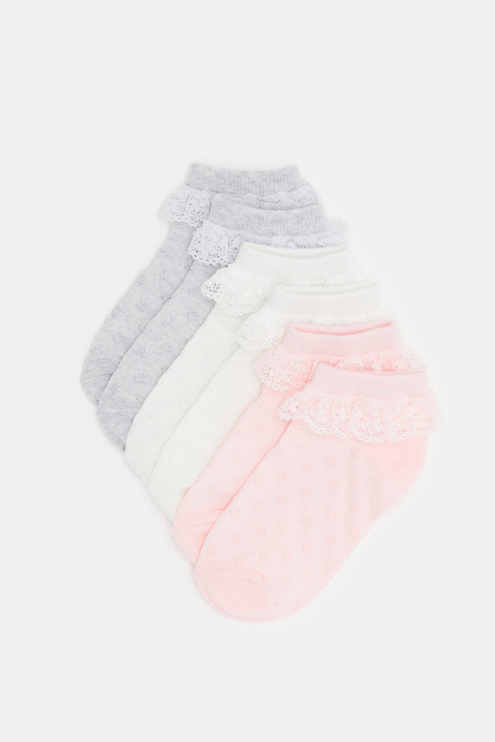 Redtag-3-Pc-Pack-Ankle-Length-Socks-With-Lace-365,-Category:Socks,-Colour:Assorted,-Deals:New-In,-Filter:Girls-(2-to-8-Yrs),-GIR-Socks,-H1:KWR,-H2:GIR,-H3:IMP,-H4:SKS,-New-In-GIR,-Non-Sale,-ProductType:Ankle-Socks,-Season:365365,-Section:Girls-(0-to-14Yrs)-Girls-2 to 8 Years