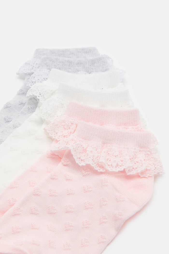 Redtag-3-Pc-Pack-Ankle-Length-Socks-With-Lace-365,-Category:Socks,-Colour:Assorted,-Deals:New-In,-Filter:Girls-(2-to-8-Yrs),-GIR-Socks,-H1:KWR,-H2:GIR,-H3:IMP,-H4:SKS,-New-In-GIR,-Non-Sale,-ProductType:Ankle-Socks,-Season:365365,-Section:Girls-(0-to-14Yrs)-Girls-2 to 8 Years